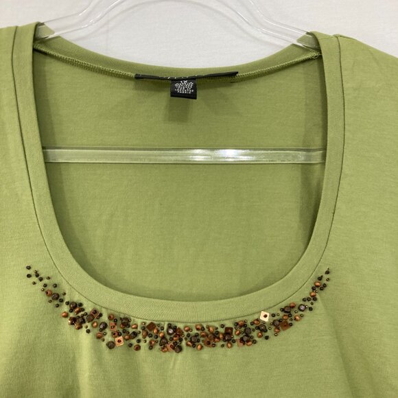 Kasper size 1X Green Square Neck Embellished Stretch Knit 3/4 Sleeve Fitted Top - Picture 3 of 8
